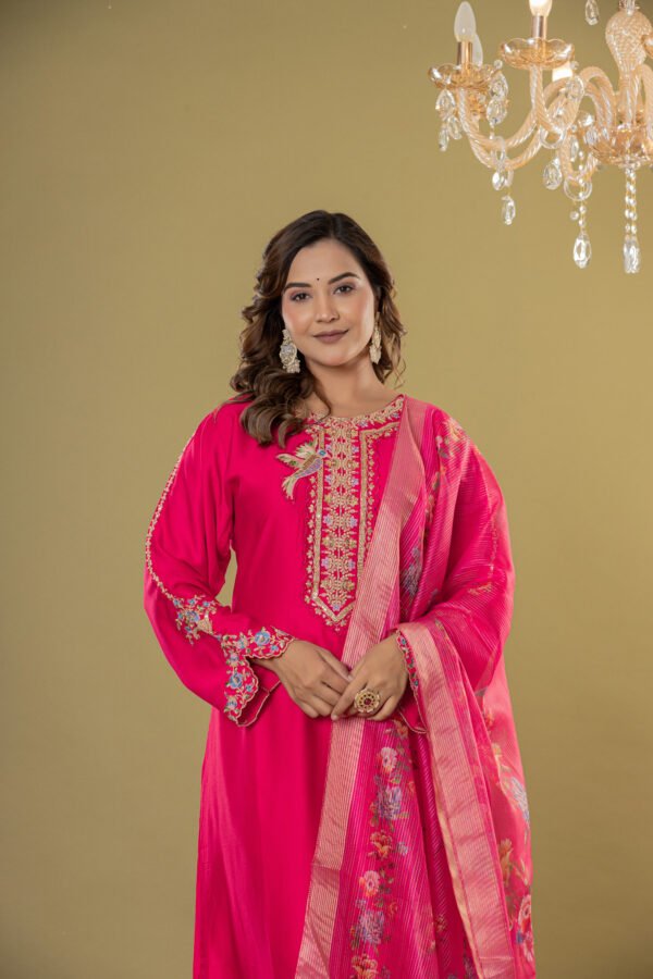 Women's Rani Pink Embroidered Satin-Silk Suit Set with Dupatta