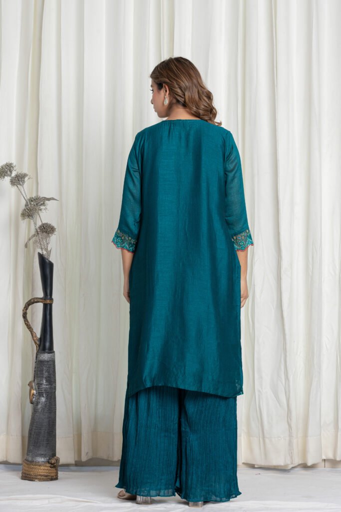 Women’s Teal Blue Georgette Embroidered Kurta Sharara Set with Dupatta
