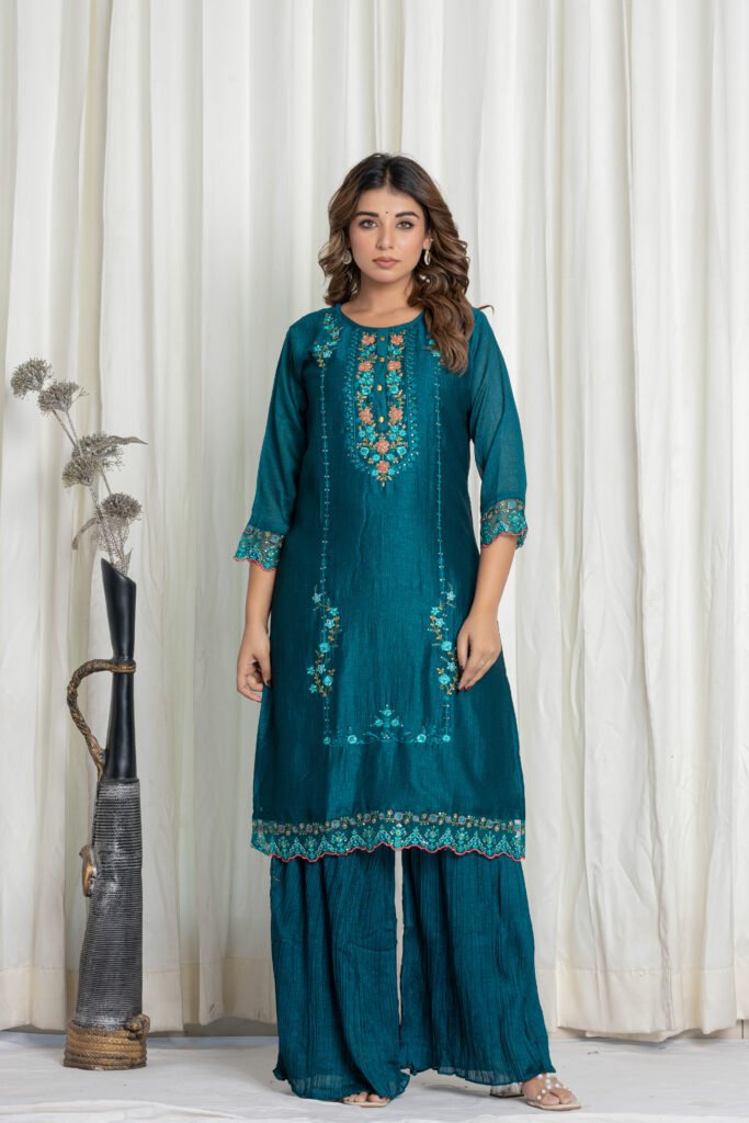 Women’s Teal Blue Georgette Embroidered Kurta Sharara Set with Dupatta
