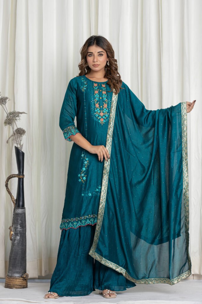 Women’s Teal Blue Georgette Embroidered Kurta Sharara Set with Dupatta