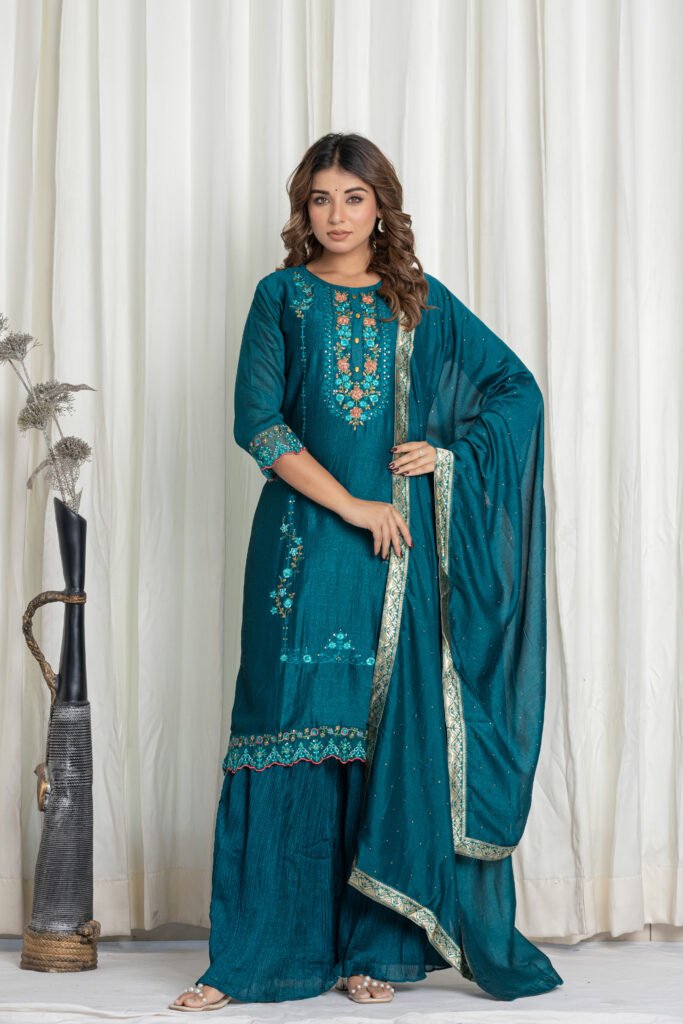 Women’s Teal Blue Georgette Embroidered Kurta Sharara Set with Dupatta