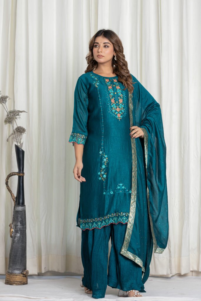 Women’s Teal Blue Georgette Embroidered Kurta Sharara Set with Dupatta