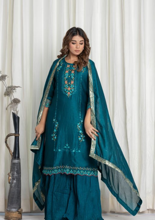 Women’s Teal Blue Georgette Embroidered Kurta Sharara Set with Dupatta