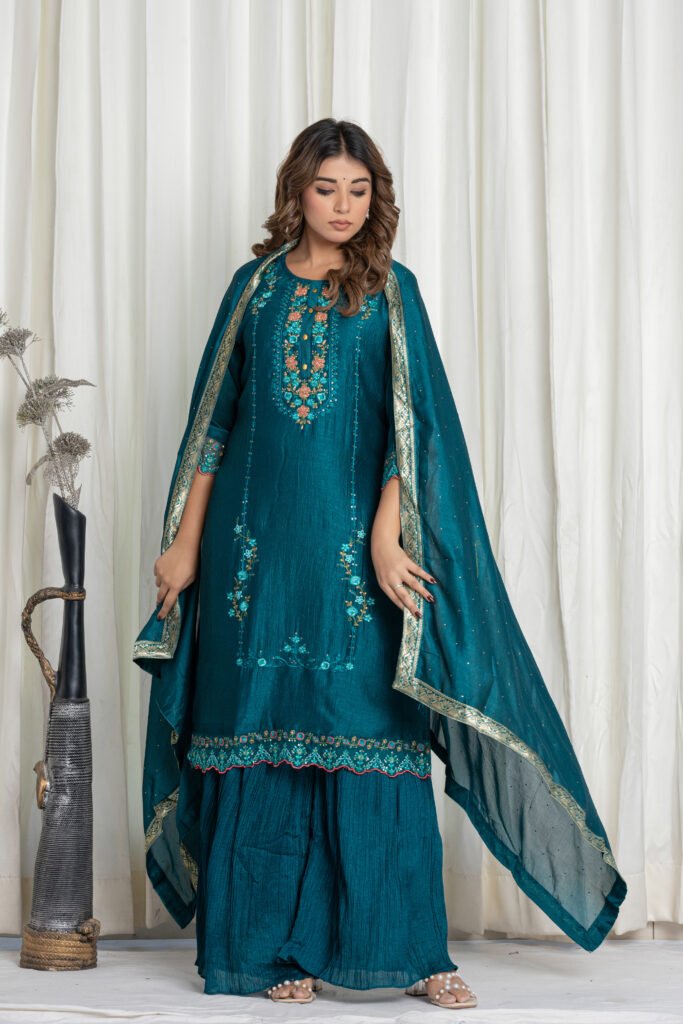 Women’s Teal Blue Georgette Embroidered Kurta Sharara Set with Dupatta