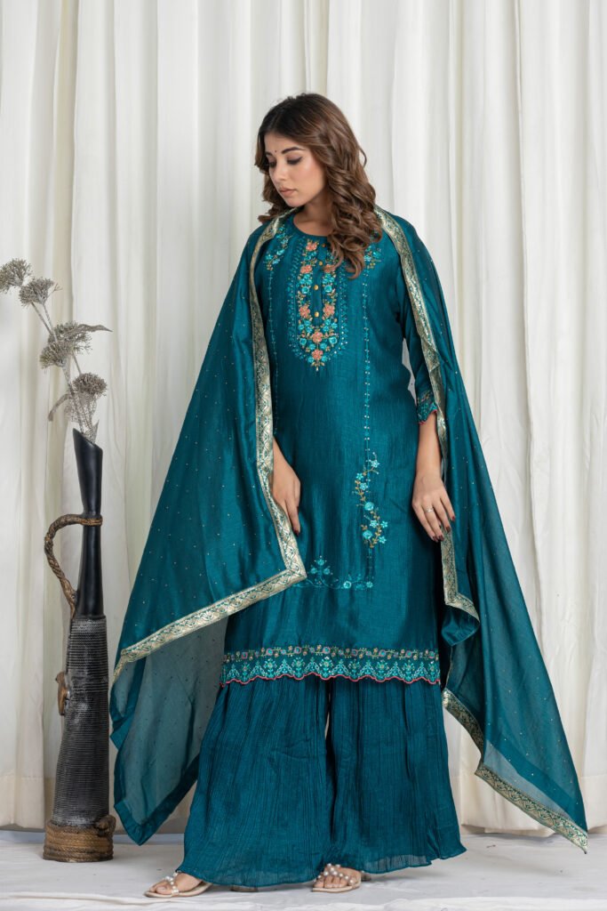 Women’s Teal Blue Georgette Embroidered Kurta Sharara Set with Dupatta