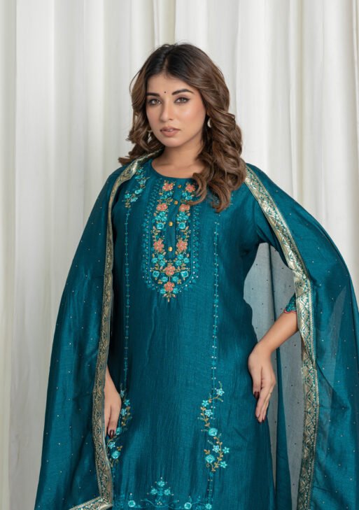 Women’s Teal Blue Georgette Embroidered Kurta Sharara Set with Dupatta