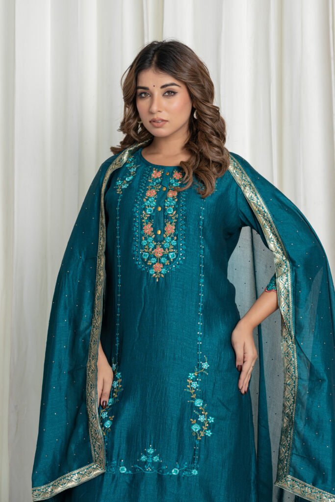 Women’s Teal Blue Georgette Embroidered Kurta Sharara Set with Dupatta