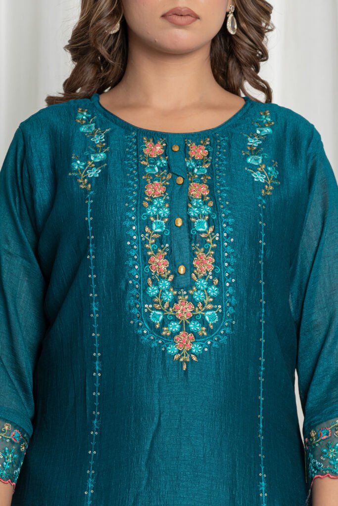 Women’s Teal Blue Georgette Embroidered Kurta Sharara Set with Dupatta