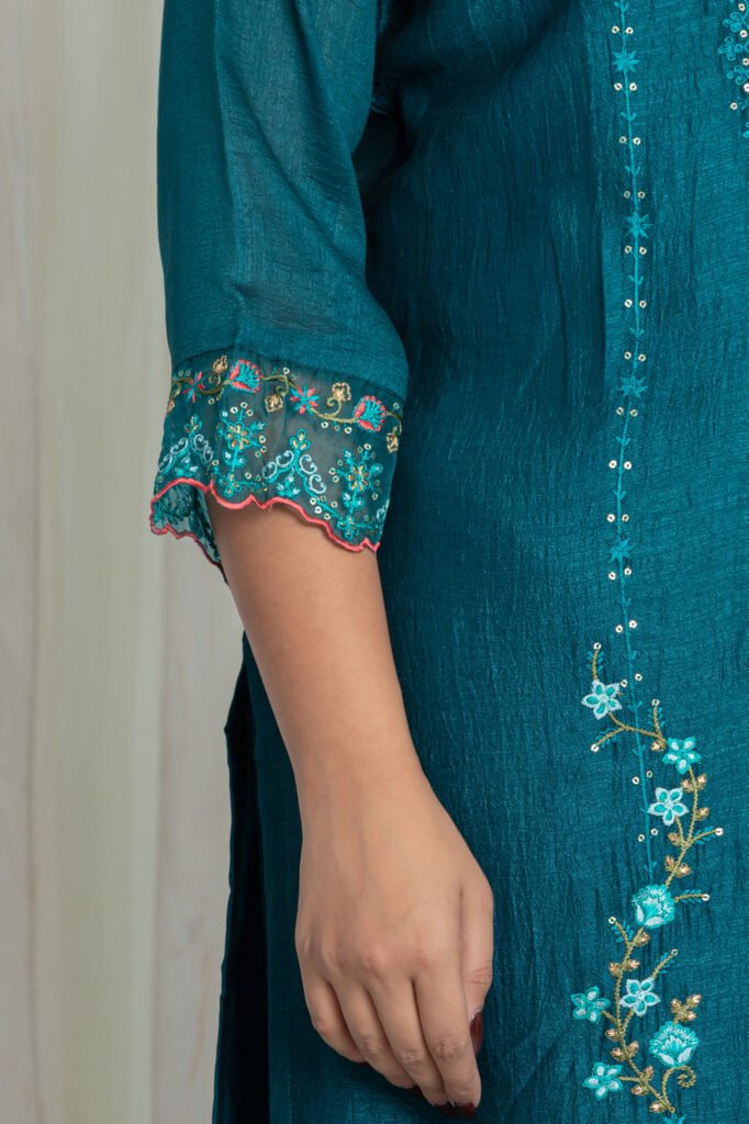 Women’s Teal Blue Georgette Embroidered Kurta Sharara Set with Dupatta