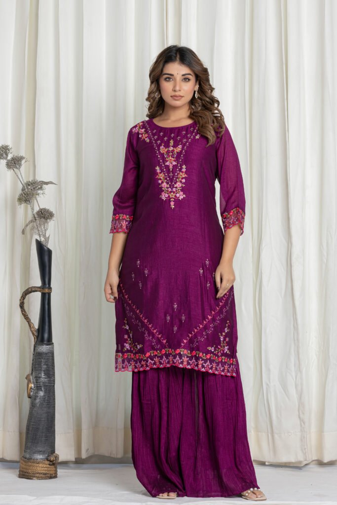 Women's Purple Embroidered Kurta Sharara Set with Dupatta