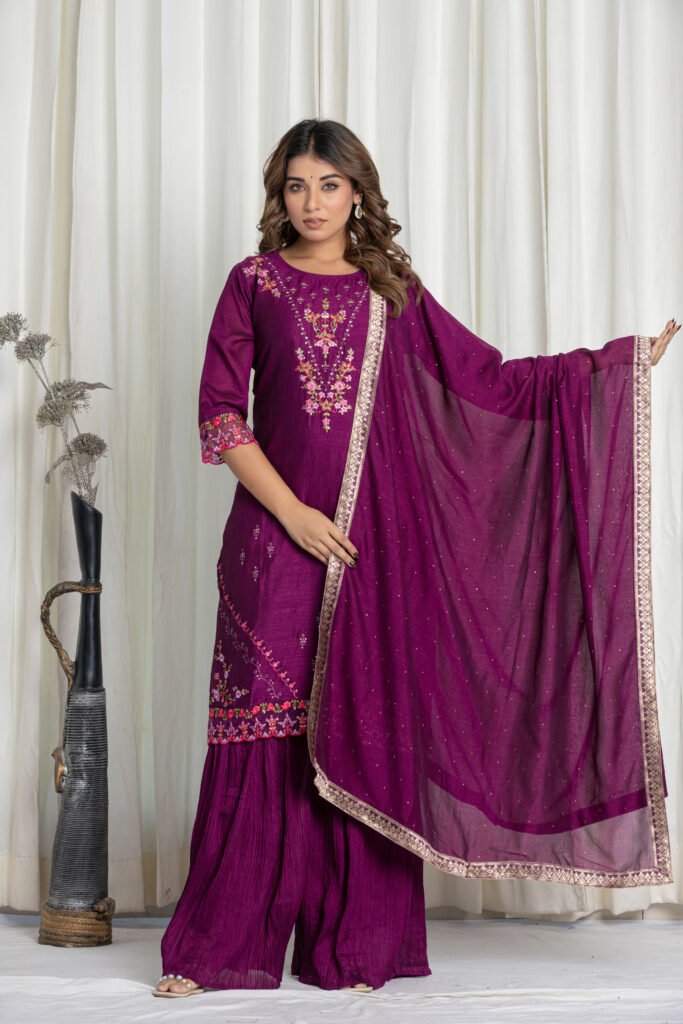 Women's Purple Embroidered Kurta Sharara Set with Dupatta