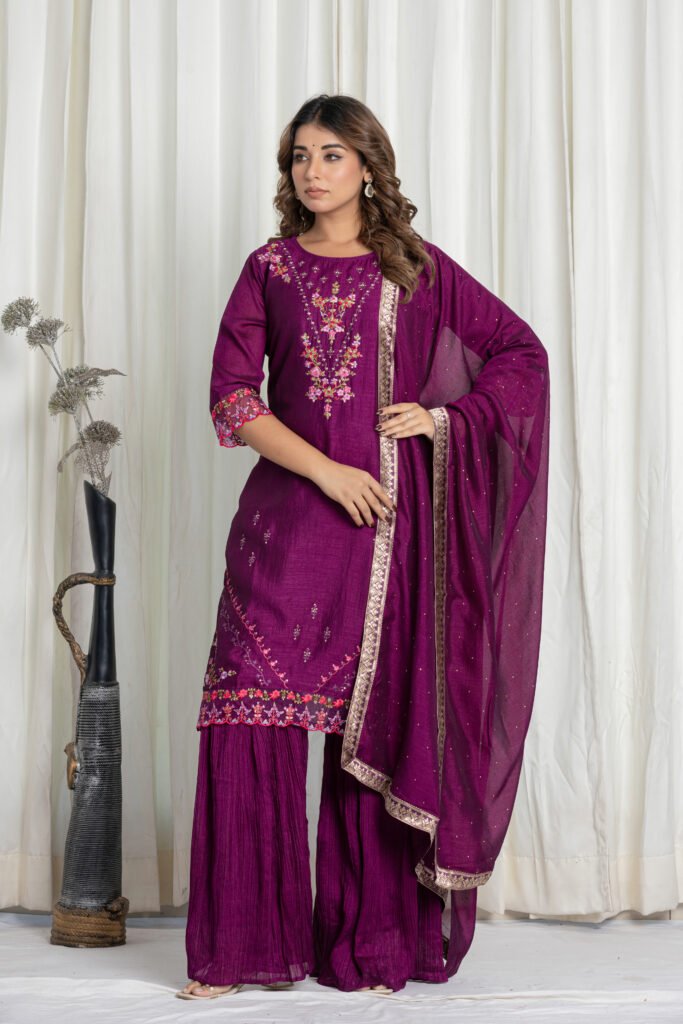 Women's Purple Embroidered Kurta Sharara Set with Dupatta