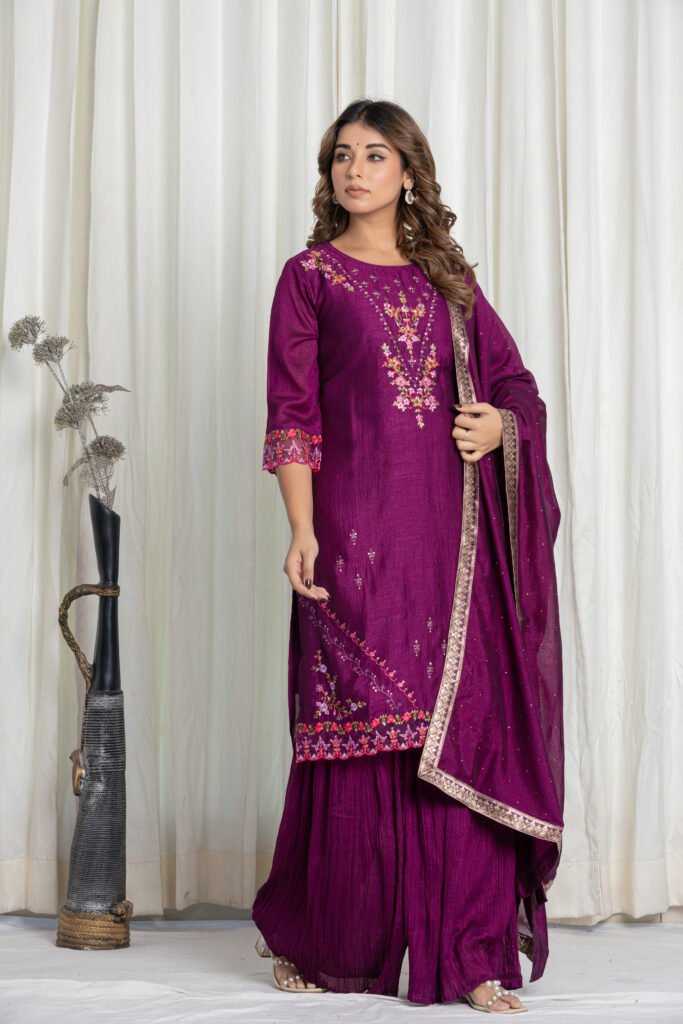 Women's Purple Embroidered Kurta Sharara Set with Dupatta