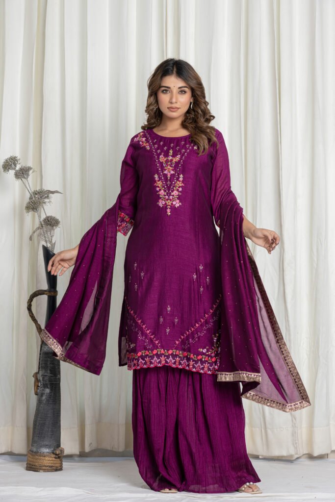 Women's Purple Embroidered Kurta Sharara Set with Dupatta
