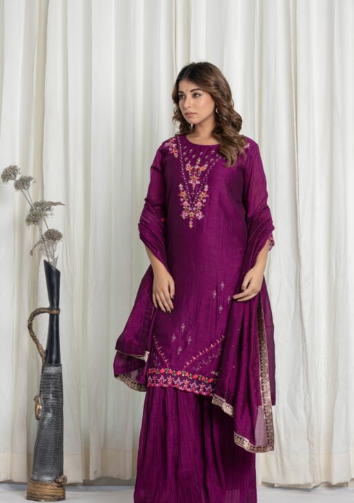 Women's Purple Embroidered Kurta Sharara Set with Dupatta