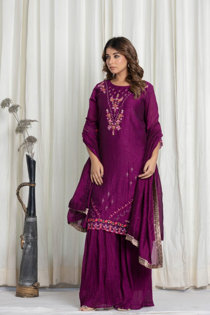 Women's Purple Embroidered Kurta Sharara Set with Dupatta