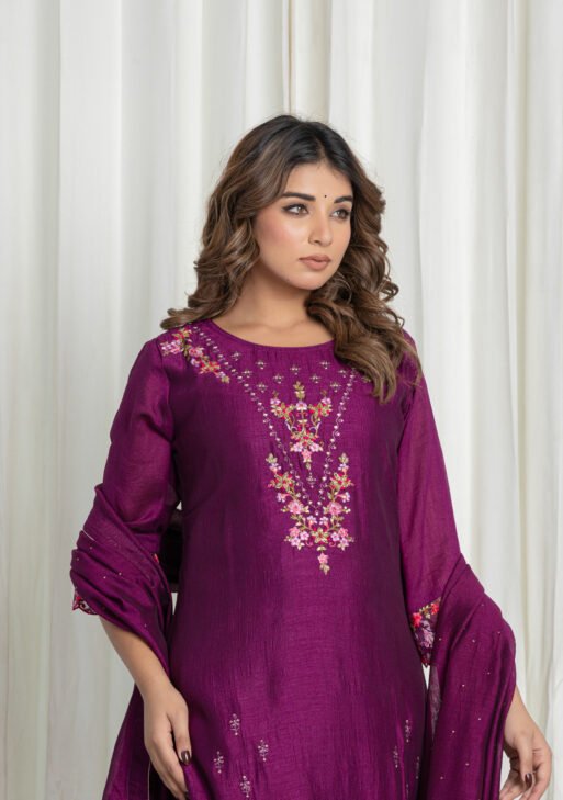 Women's Purple Embroidered Kurta Sharara Set with Dupatta