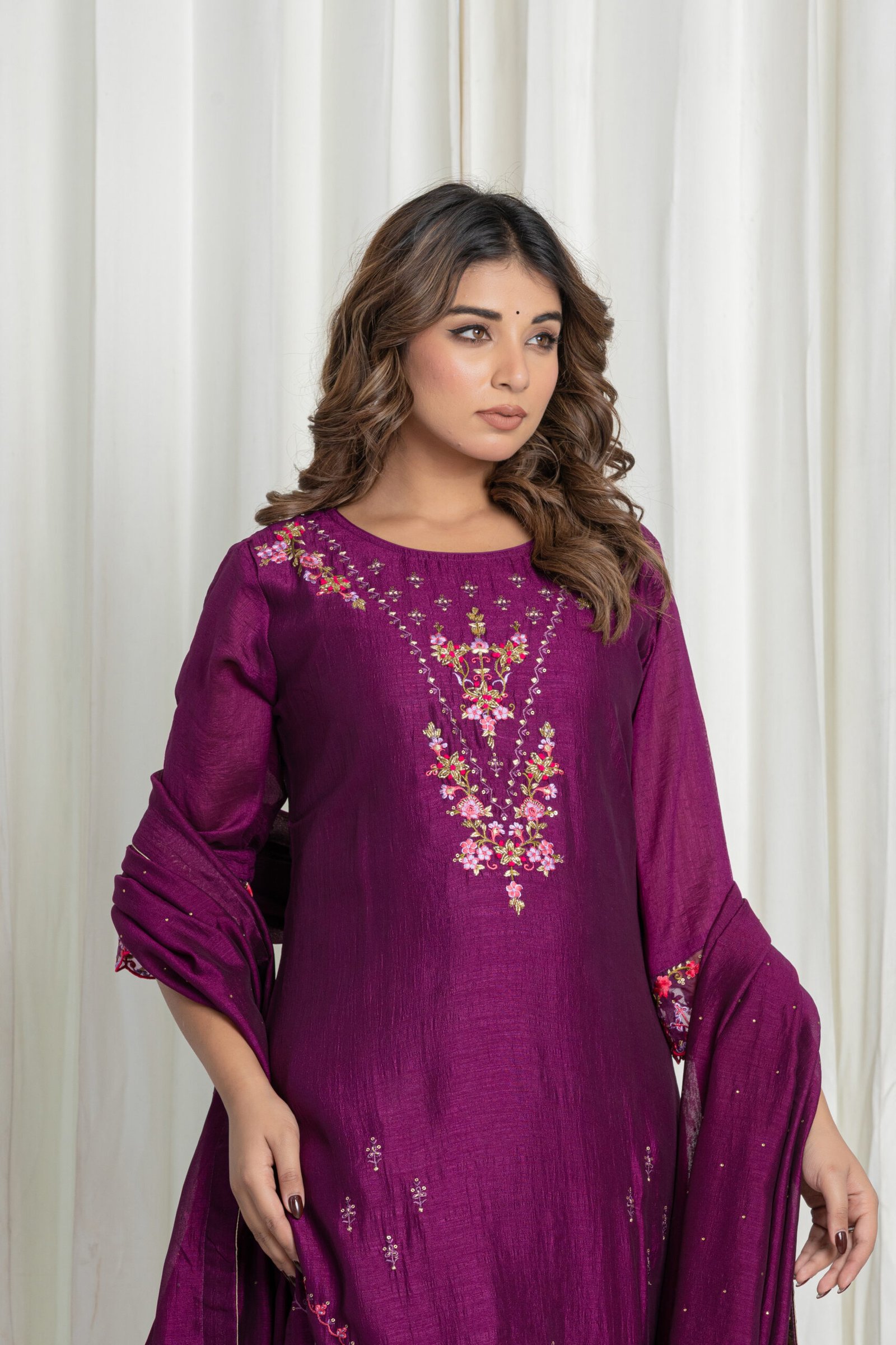 Women's Purple Embroidered Kurta Sharara Set with Dupatta