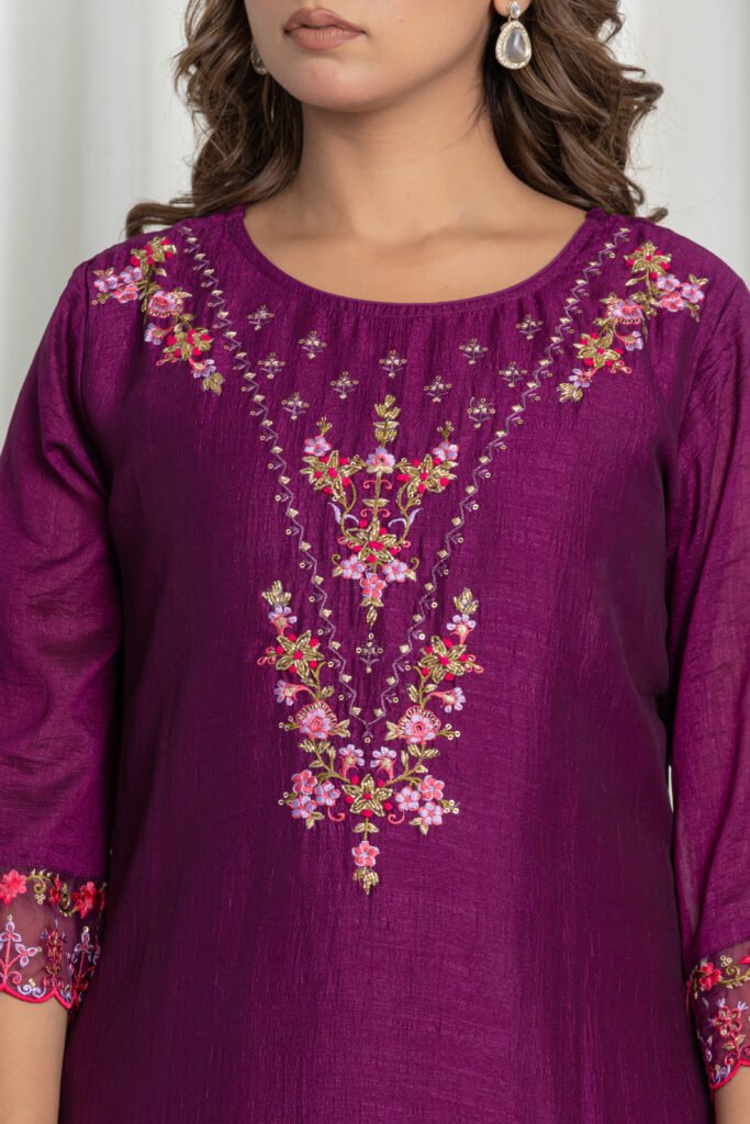 Women's Purple Embroidered Kurta Sharara Set with Dupatta