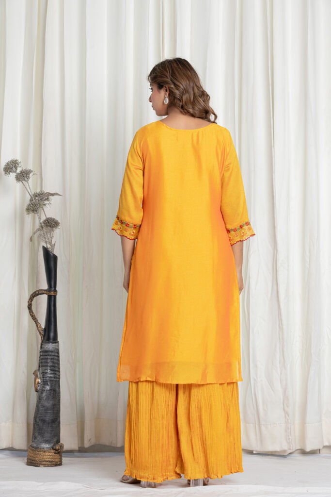Women's Mustard Yellow Embroidered Kurta Sharara Set with Dupatta