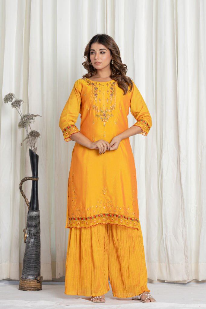 Women's Mustard Yellow Embroidered Kurta Sharara Set with Dupatta