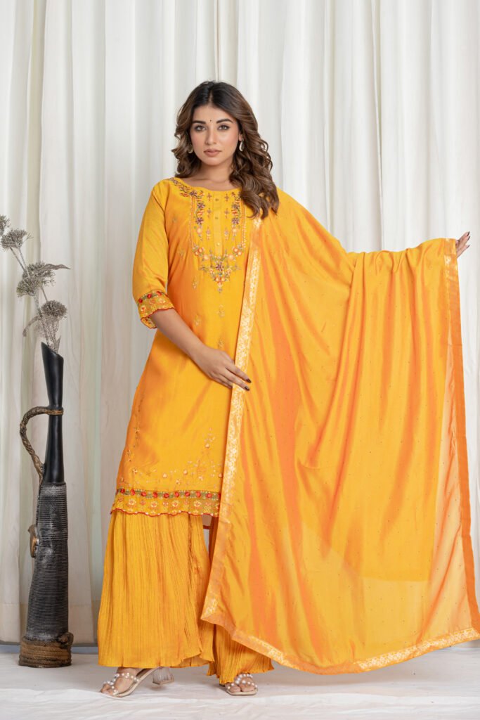 Women's Mustard Yellow Embroidered Kurta Sharara Set with Dupatta