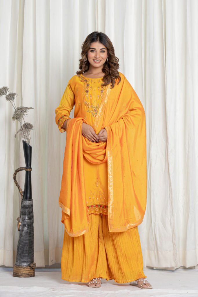 Women's Mustard Yellow Embroidered Kurta Sharara Set with Dupatta
