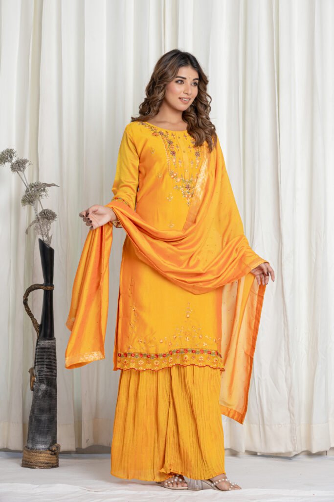 Women's Mustard Yellow Embroidered Kurta Sharara Set with Dupatta