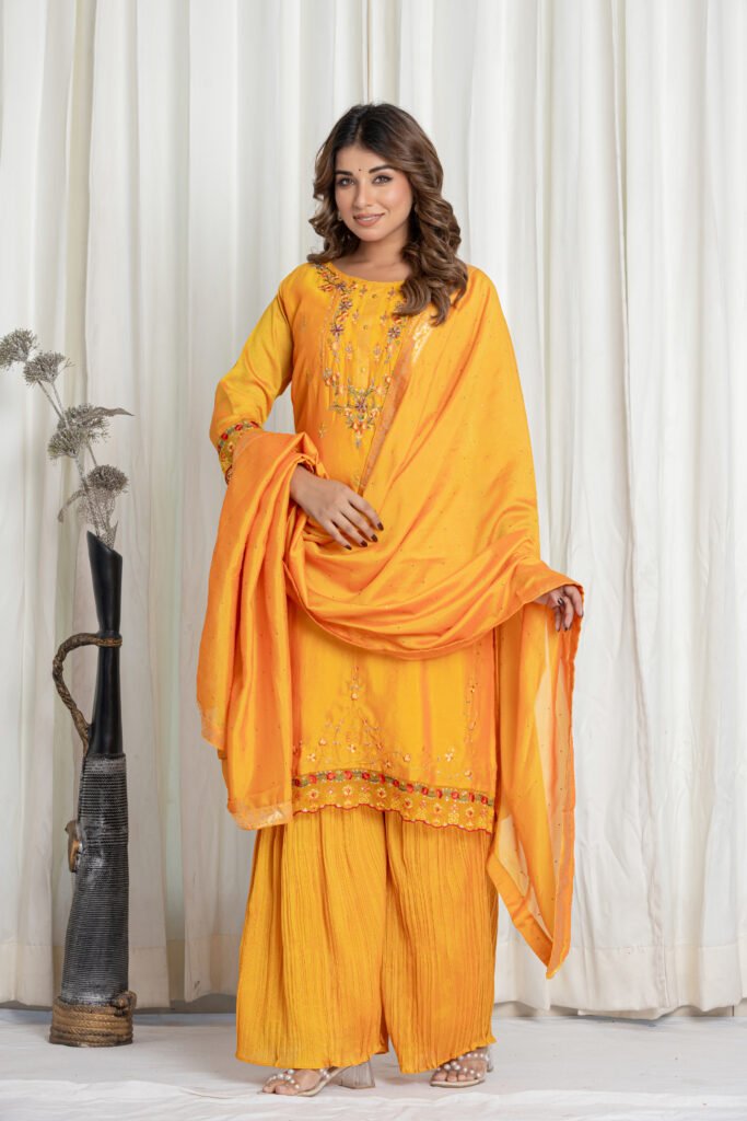Women's Mustard Yellow Embroidered Kurta Sharara Set with Dupatta