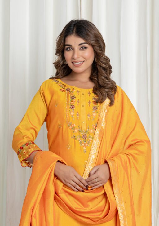 Women's Mustard Yellow Embroidered Kurta Sharara Set with Dupatta