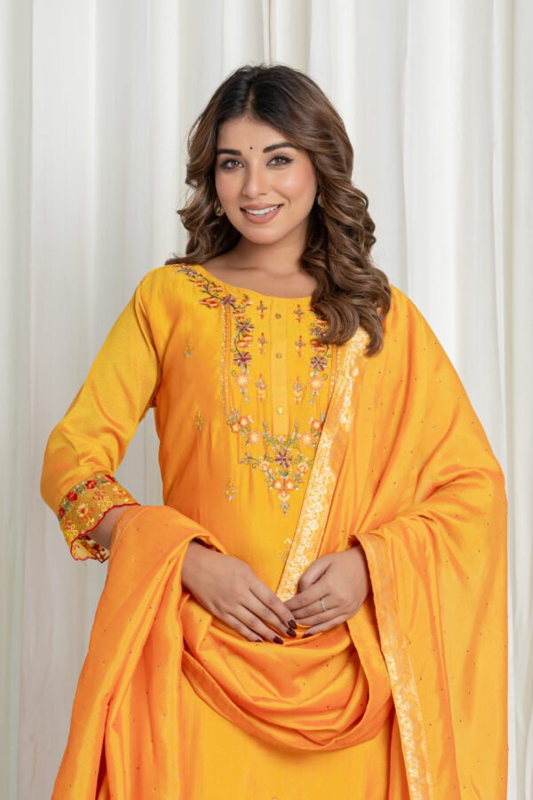 Women's Mustard Yellow Embroidered Kurta Sharara Set with Dupatta