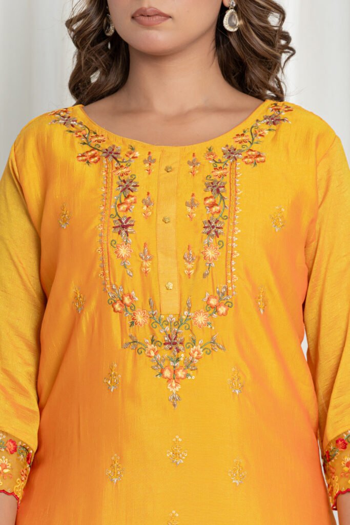 Women's Mustard Yellow Embroidered Kurta Sharara Set with Dupatta