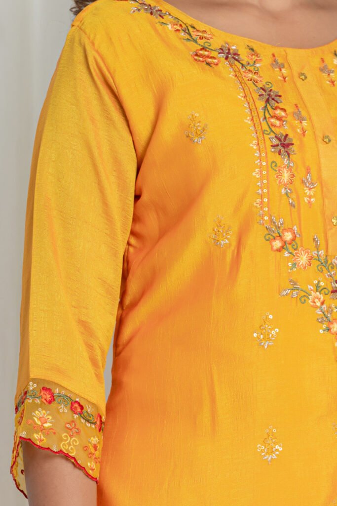 Women's Mustard Yellow Embroidered Kurta Sharara Set with Dupatta