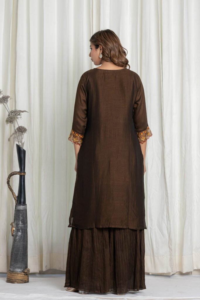 Women's Dark Brown Georgette Embroidered Kurta Sharara Set with Dupatta
