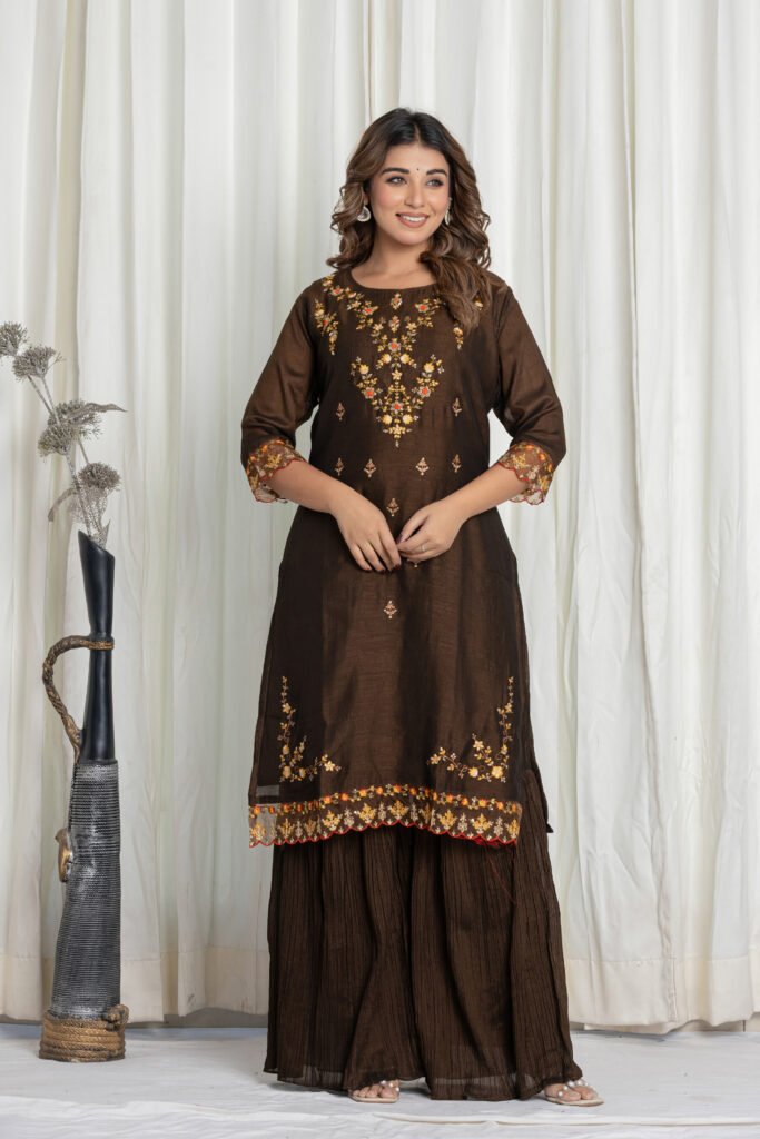 Women's Dark Brown Georgette Embroidered Kurta Sharara Set with Dupatta