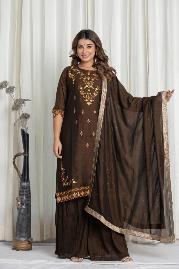 Women's Dark Brown Georgette Embroidered Kurta Sharara Set with Dupatta