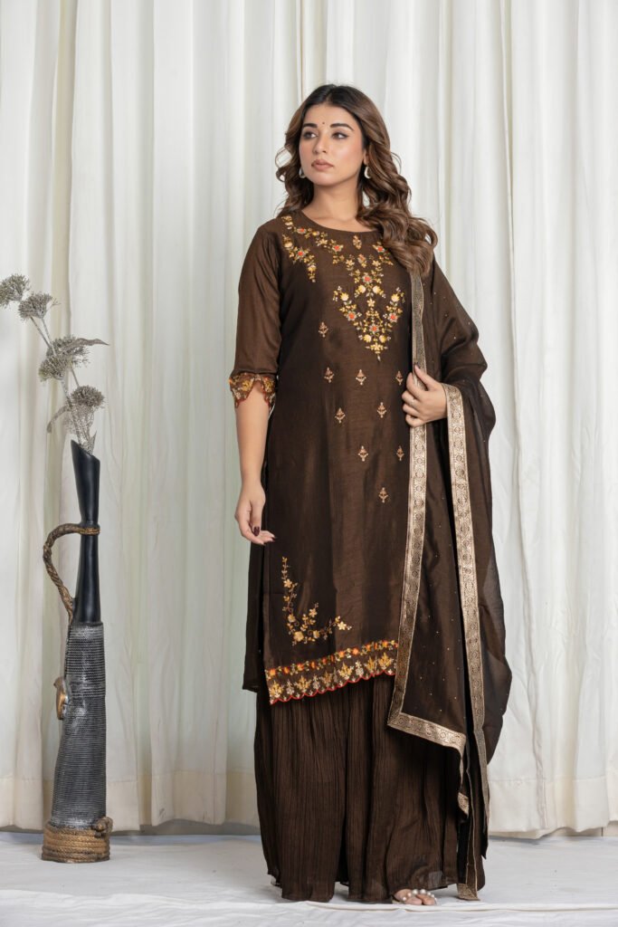 Women's Dark Brown Georgette Embroidered Kurta Sharara Set with Dupatta