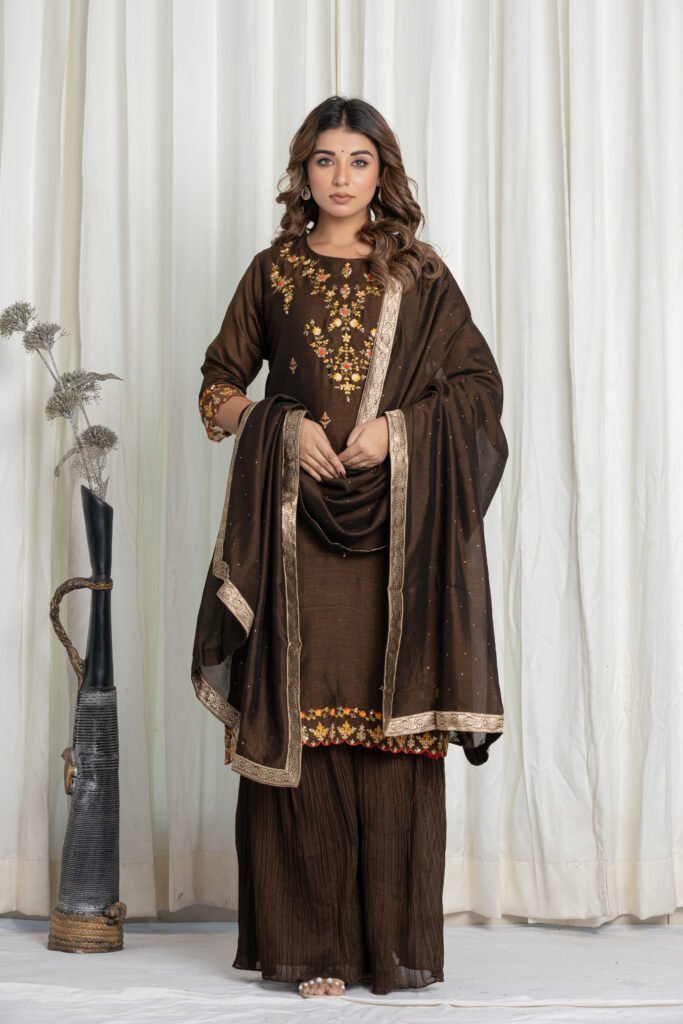 Women's Dark Brown Georgette Embroidered Kurta Sharara Set with Dupatta