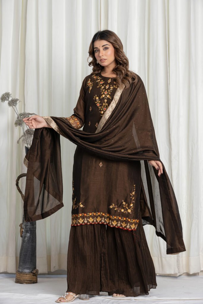 Women's Dark Brown Georgette Embroidered Kurta Sharara Set with Dupatta