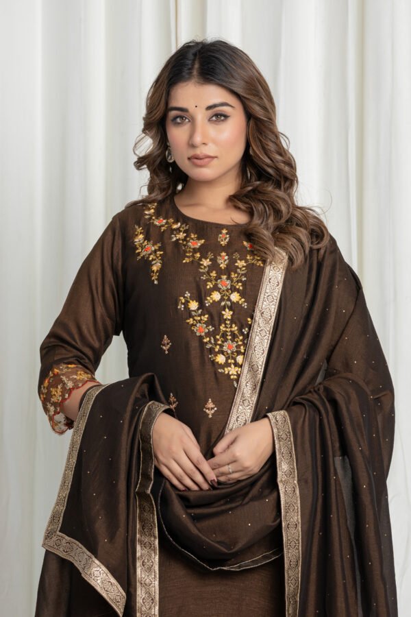 Women's Dark Brown Georgette Embroidered Kurta Sharara Set with Dupatta