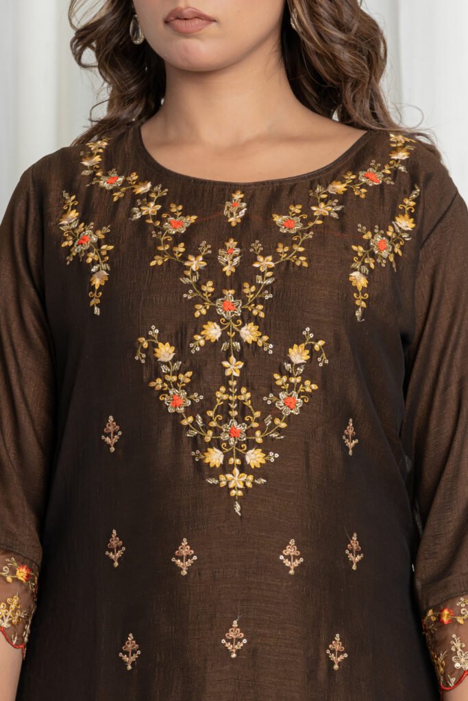 Women's Dark Brown Georgette Embroidered Kurta Sharara Set with Dupatta