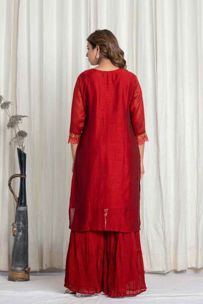 Women's Maroon Embroidered Kurta Sharara Set with Dupatta