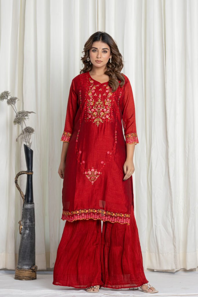 Women's Maroon Embroidered Kurta Sharara Set with Dupatta