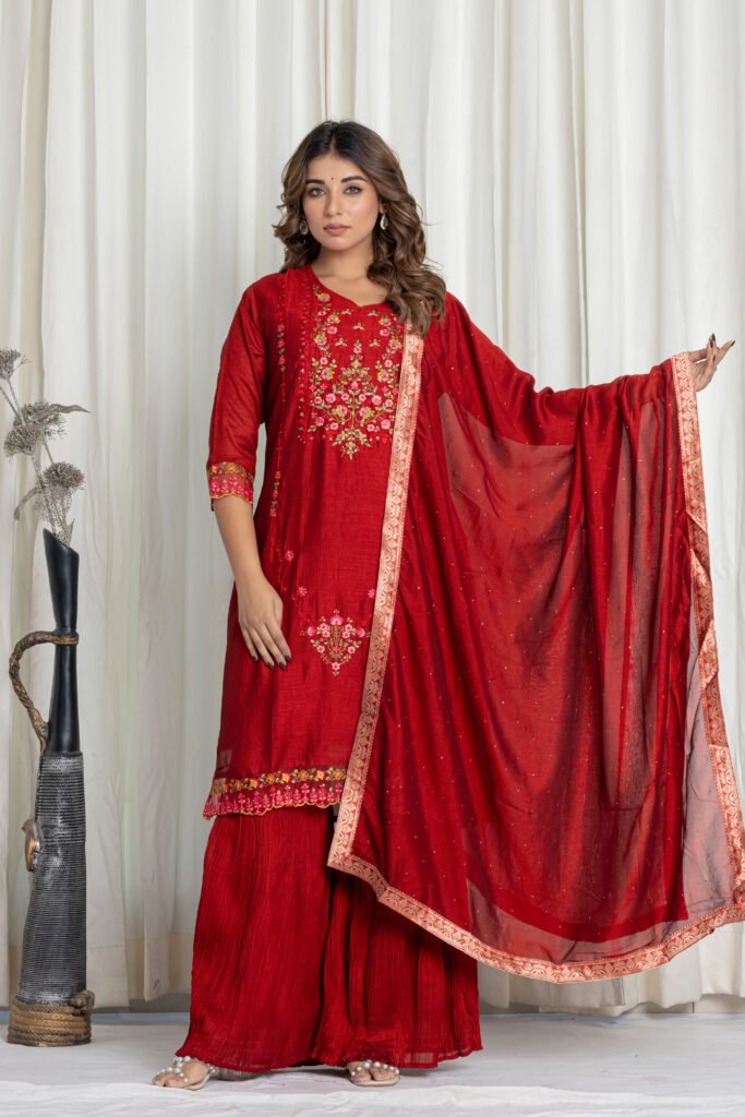 Women's Maroon Embroidered Kurta Sharara Set with Dupatta