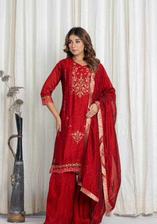 Women's Maroon Embroidered Kurta Sharara Set with Dupatta