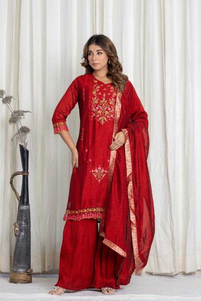 Women's Maroon Embroidered Kurta Sharara Set with Dupatta