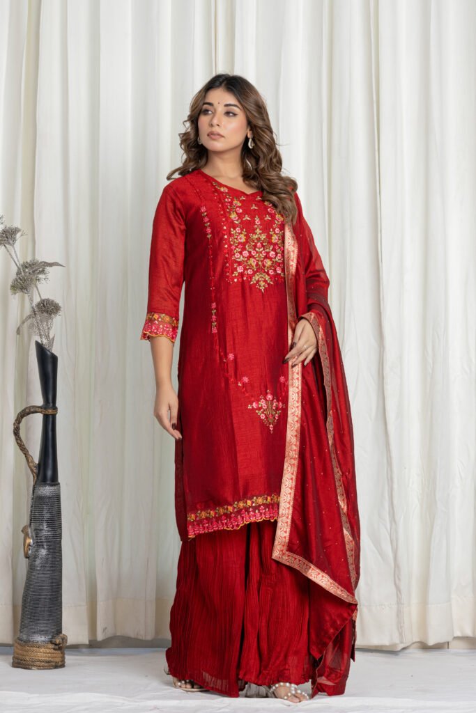 Women's Maroon Embroidered Kurta Sharara Set with Dupatta