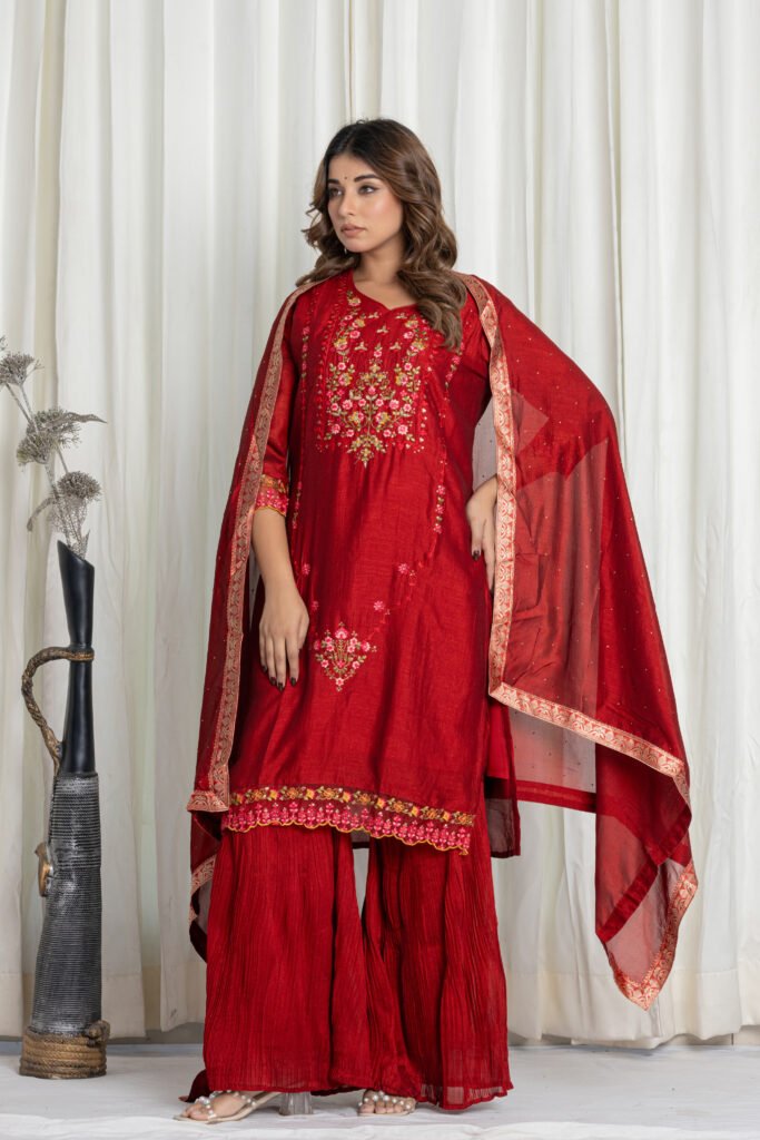 Women's Maroon Embroidered Kurta Sharara Set with Dupatta