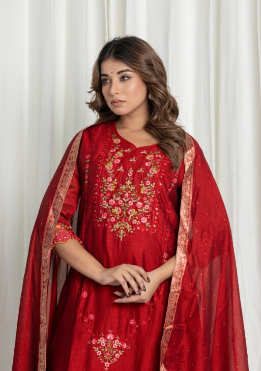 Women's Maroon Embroidered Kurta Sharara Set with Dupatta