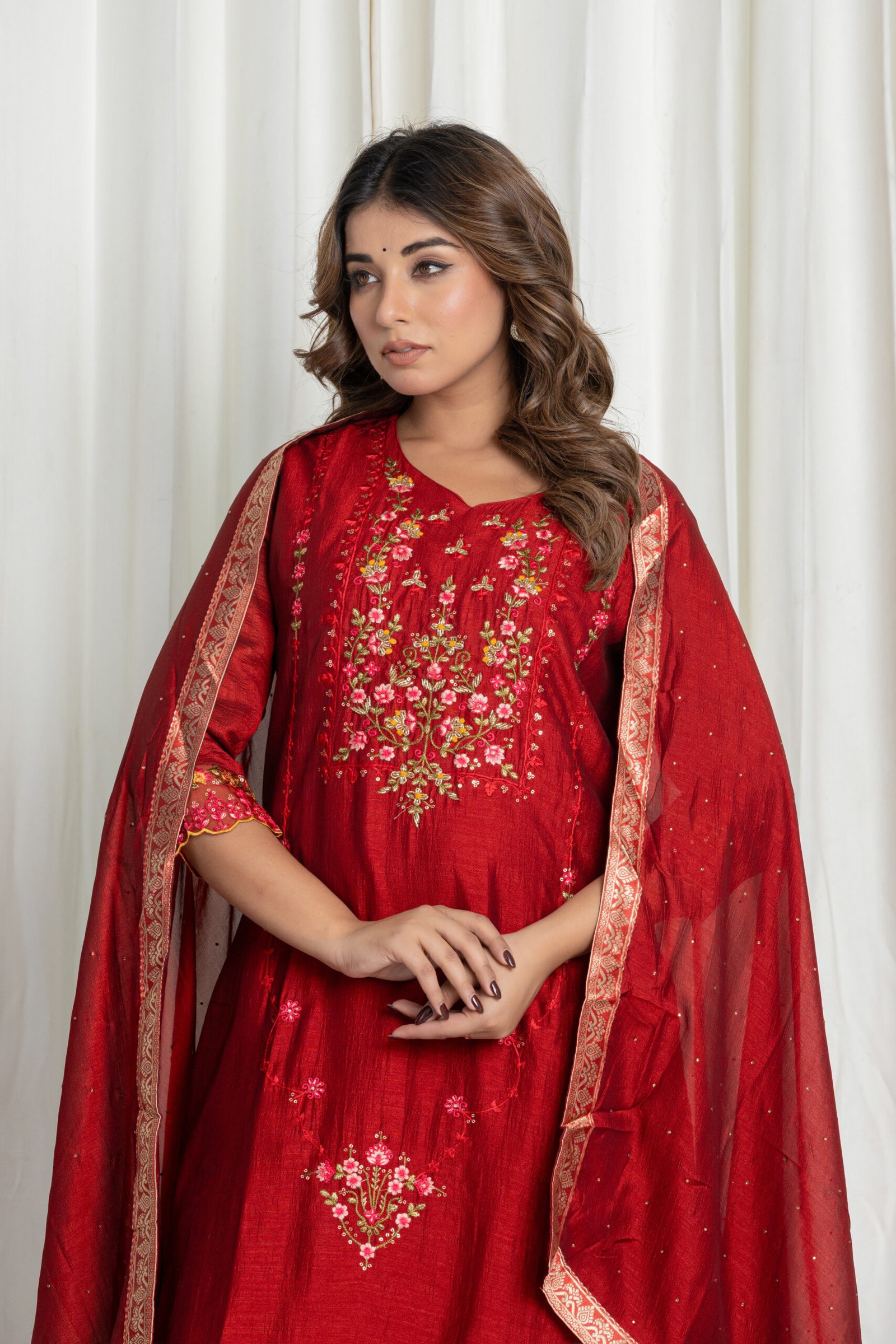 Women's Maroon Embroidered Kurta Sharara Set with Dupatta